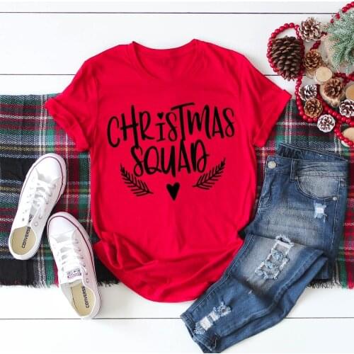 Christmas Squad Funny Graphic Red Aesthetic Top Tees Women 100%Cotton O Neck Harajuku Shirt Fashion Short Sleeve Female Clothing