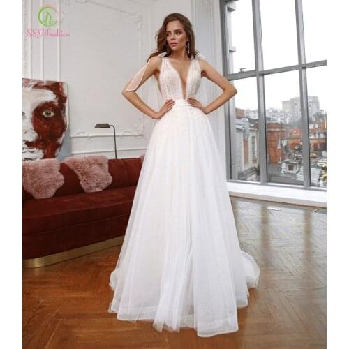SSYFashion New Sexy White Evening Dress for Women Deep V-neck Backless A-line Pearls Beading Beach Party Formal Gowns Vestidos
