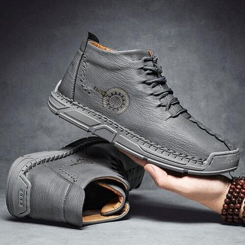 Comfortable Winter Genuine Leather Men Boots Lace Up Motorcycle Black Boots Waterproof Rubber Men Ankle Boots Mens Shoes Size 47