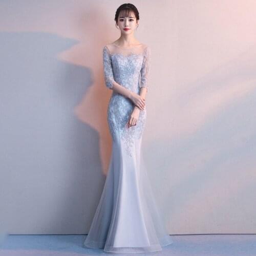 Evening Dress Lace O-Neck Zipper Back Floor-Length Embroidery Sexy Half Sleeves Mermaid Plus size Women Formal Party Gown C1057