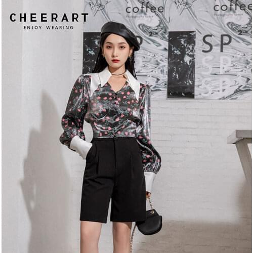 CHEERART Vintage Puff Sleeve Ladies Top Long Sleeve Blouse Women Rose Floral Print Tunic Satin Korean Blouse Fall 2020 Fashion