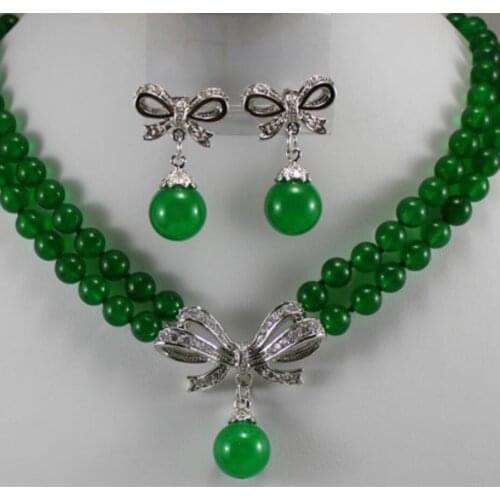 Womens fashion 2 rows 8mm green Malay jade silver plated butterfly accessories Pendant Necklace Earring Set