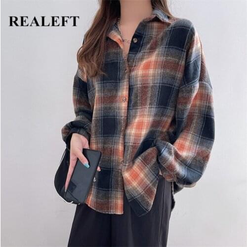 REALEFT 2021 New Vintage Plaid Turn-down Collar Woolen Womens Shirts Autumn Winter Loose Female Outwear Tops Workwear Jacket