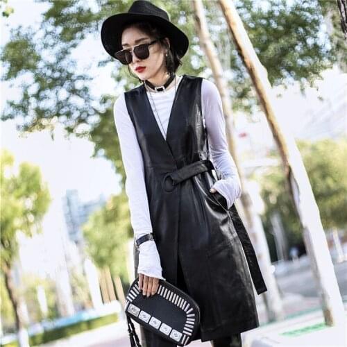 Women Black Genuine Vest Jackets 2020 Summer Fashion Belt Slim Real Lambskin Leather Long Trench Coat Streetwear Ladies