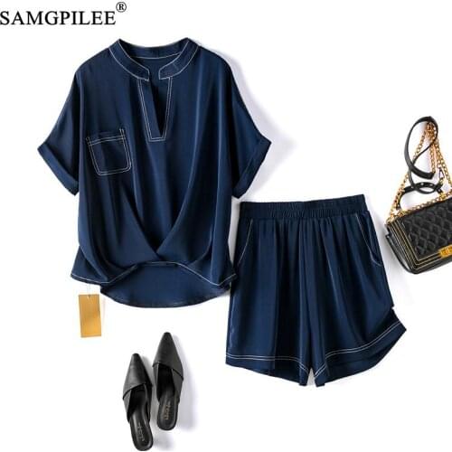 Summer Clothes For Women 2021 New Fashion Short Sleeve Casual Pullover V-neck Elastic Waist Solid Two Piece Sets Woman Plus Size