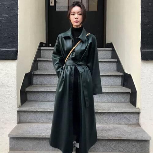 Women 2020 Spring Autumn Trench Coats Female Long Single-Breasted Belt Outerwear Ladies Pu Leather Oversize Loose Overcoats Q13