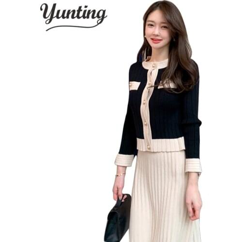 2020 Autumn Korean Knitted Two Piece Sets Women Long Sleeve Cardigan + Elastic Waist Long Skirt Suits Outfits