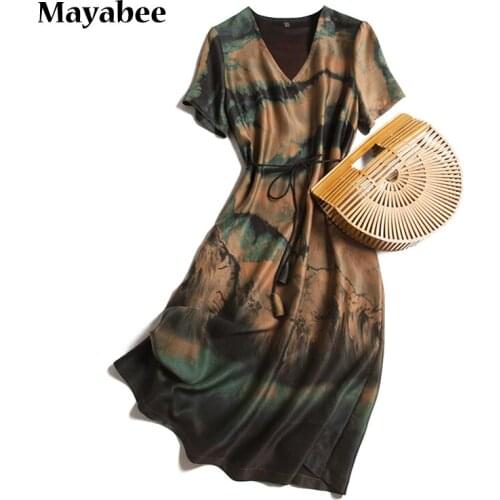 Heavy Silk Fragrant Cloud Yarn Dress V-Neck Mid-Length Mothers Spring 2021 New Womens Long Skirt