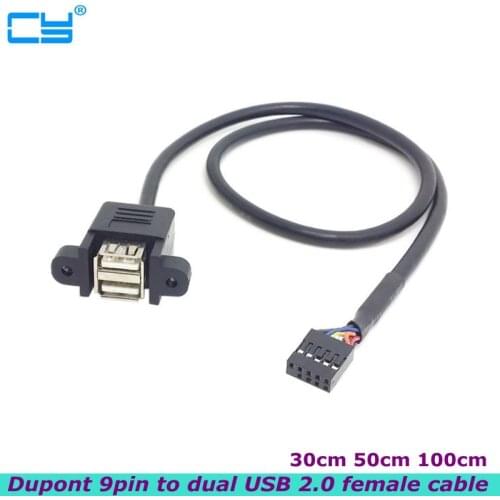1pcs 30cm Motherboard Internal 9pin Pitch 2.54mm to Dual Port USB 2.0 A Female Screw Lock Panel Mount Cable
