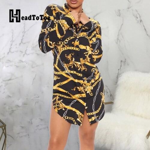 Chain Print Button Fashion Sexy Shirts Dress Women Full Sleeve Turn Down Collar Above Knee Straight Dresses for Women