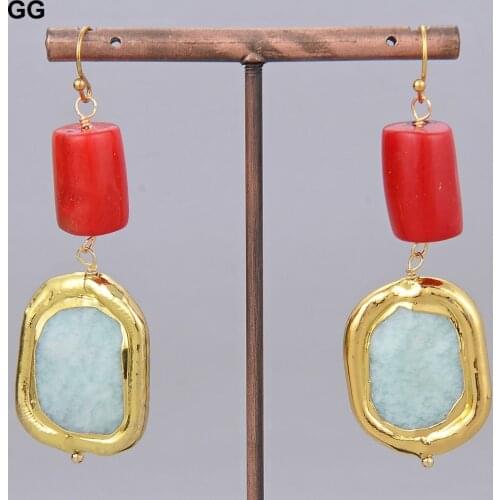 GuaiGuai Jewelry Natural Green Rectangle Amazonite Nugget Red Coral Tube Hook Dangle Earrings For Women Lady Jewelry