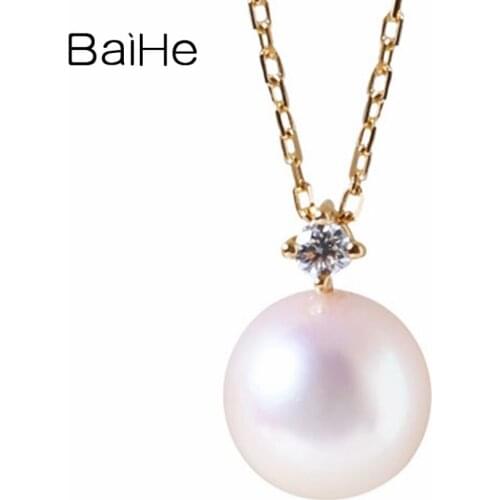 BAIHE Solid 18K Yellow Gold 7.5mm-8mm Round Natural Freshwater pearl Wedding Trendy Simple pearl diamond Necklaces