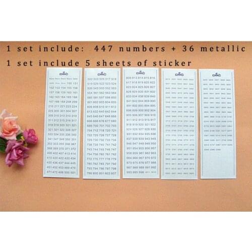 Wholesale cross stitch floss number stickers DMC number sticker, stickers with DMC numbers 447 numbers + 36 metallic
