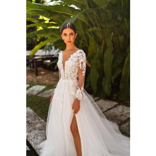 2021 Romantic Tulle Long Sleeves Maxi Wedding Dress A-line Lace Ivory Split Bridal Dress