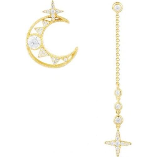 UMGODLY Yellow Gold Color Earrings 3A Cubic Zirconia Asymmetric Star and Moon Earrings for Women Fashion Jewelry