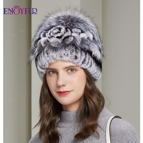 ENJOYFUR Winter Womens Rex Rabbit Fur Hats Real Fox Fur Fashion Rose Floral Knit Bonnets Warm Windproof Female Elastic Beanies