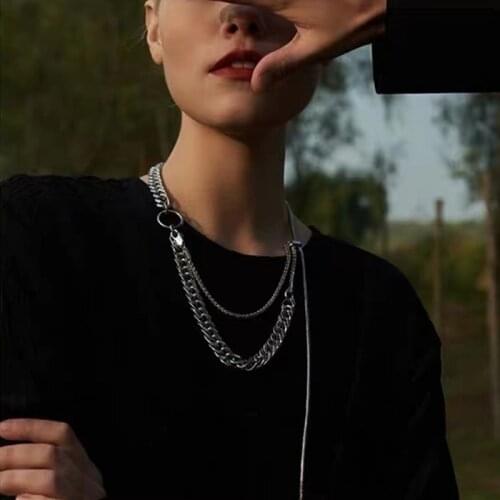 TIMEONLY Minimalist Double Layering Chunky Cuabn Chain Choker Necklace for Women Ladies Toggle Clasp Alloy Necklaces Jewelry