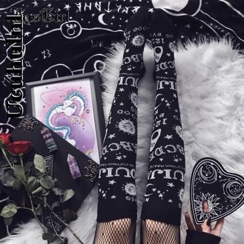 Ucuhulnl Dark Magic Star Moon Printed Socks Women Gothic Punk Streetwear Mall Goth Harajuku Casual Retro Y2k Black Hosiery