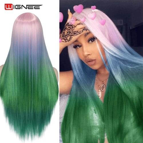 Wignee Long Synthetic Hair Ombre Straight Mixed Pink/Blue/Green Heat Resistant Wigs For Women Middle Part Cosplay Natural Wigs