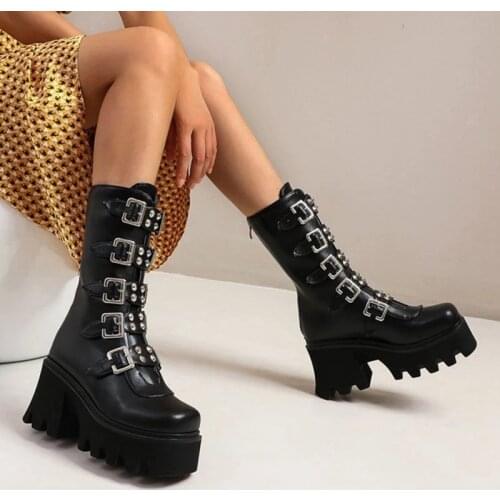 Winter Gothic Punk Womens Platform Boots Black Buckle Strap Zipper Creeper Wedges Shoes Mid Calf Military Combat Boots
