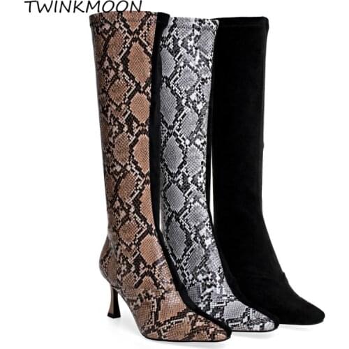 Snake Print Womens Boots High Heels Knee High Boots Women Shoes Stretch Patchwork Sexy Designer zapatos mujer 2020