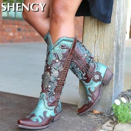 Women Shoes Sewing Patchwork Slip-On Mixed Color Flower Print Western Womens Shoes Rome Buckle Party Retro Ladies Boot