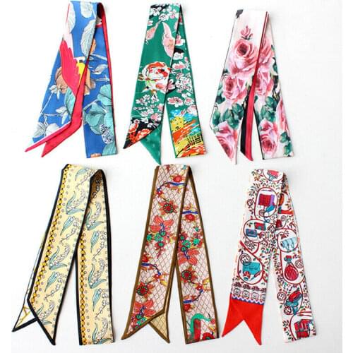 100% Silk Scarf Twill Ribbon Women Fashion Flower Print Kerchief Neck Hair Bag Headband Bandana Long Turban 116*5.5cm