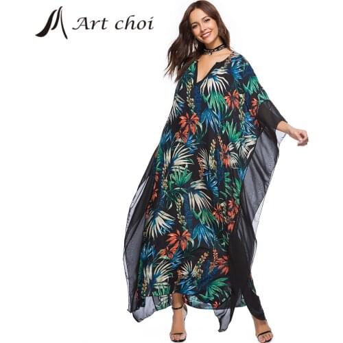 Summer Long Bohemian Boho Dress Women Batwing Sleeve Ruffles Floral Print Loose V-Neck Beach Maxi Sexy Vestido Party Ladies Robe