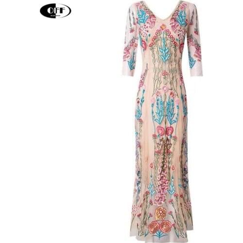 Autumn Designer woman Long Maxi Dress V neck Mesh Flowers Embroidery elegant Vintage A line Party night Dresses for women Robe