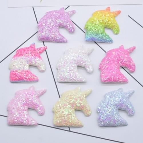 16Pcs 43*43mm Glitter Leather Padded Unicorn Appliques for DIY Clothes Fur Ball Sewing Patches Headwear Hairpin Accessories N24