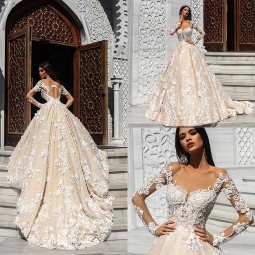 2020 Castal Champagne A Line Wedding Dresses 3D Lace Applique Long Sleeves Wedding Gowns Backless Court Train Bridal Dress