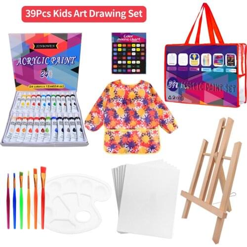 39Pcs Kids Art Drawing Set 24 Vibrant Colors Acrylic Paint with 6 Brushes/Paint Palette/Easel/Painting Smock Color Mixing Chart