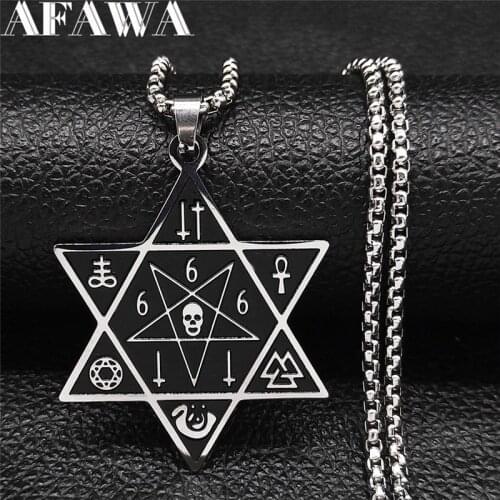 666 Satan Skull Hexagram Stainless Steel Necklaces Black Silver Color Inverted Pentagram Necklace Jewelry bijoux N3628S03