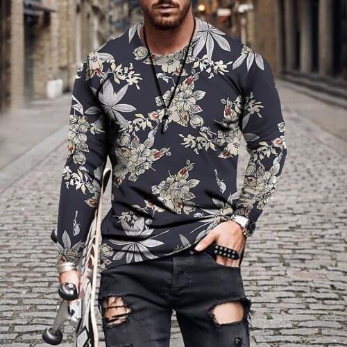 Hot New single 3D flower printing long-sleeved T-shirt mens spring casual top pullover fashion slim basic clothing