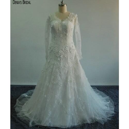 Exquisite Glamorous V Neck Lace Long Sleeve Mermaid Wedding Dresses