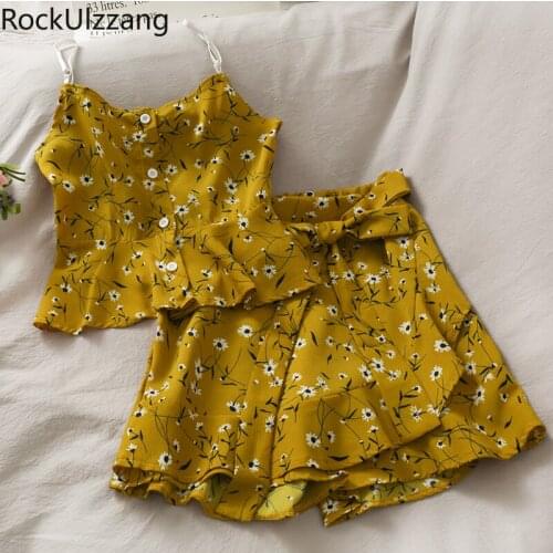 Two Piece Set Boho Flower Strap Camis Crop Top T Shirt Tee and Waist Lace-Up Bow Short Skirt Suit Summer Women Sexy Chiffon Cute