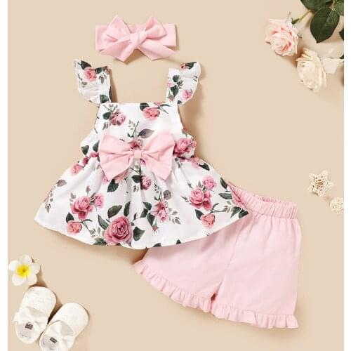 TELOTUNY clothing sets Toddler Baby Girls Sleeveless Floral Print Suspender Tops+Ruffles Shorts+Headband Outfits Baby Clothes
