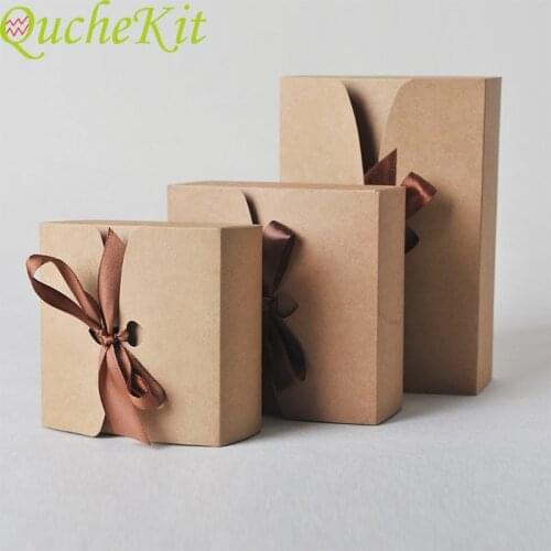 30pcs Square Red Kraft Paper Gift Box With Ribbon Baking Cookie Cake Boxes Wedding Party Christmas Decor Gift Packaging Box Bags