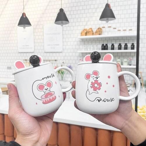 Creative cartoon cute rat mug with spoon lid,cute ceramic cup,juice cup office and home tea cup,couple coffee cup Drinkware