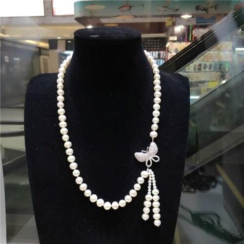 Hot sell natural 7-8 mm white nearly round freshwater pearl micro inlay zircon butterfly clasp short necklace fashion jewelry