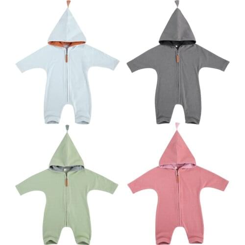0-18M Cute Infant Baby Girl Boy Jumpsuit Autumn Solid Color Zipper Tassel Hooded Zipper Romper Harem Pants 4 Colors