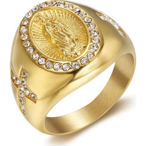 New arrival US 7-13 size Mens Gold color Cubic Zirconia Our Lady of Guadalupe Virgin Mary Ring Religious Ring