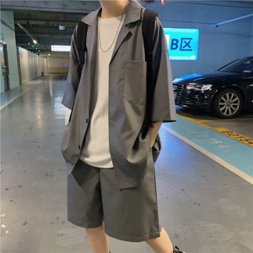 Two Piece Set Jacket Casual Body Suit Mens Summer Thin Loose Ruffian Handsome Korean Fashion Net Red Half Sleeve Suit Shorts Hot