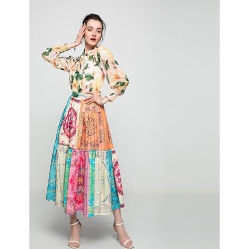 Runway New Long Sleeve Printed Shirt + Colorful Printed Long Skirt Skirt Suit 210318UL02