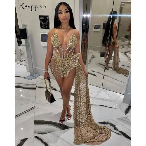 Luxury V-neck See Through High Low Celebrity Sparkly Gold Beaded African Black Girls Short Prom Dresses 2021 For Birthday Party