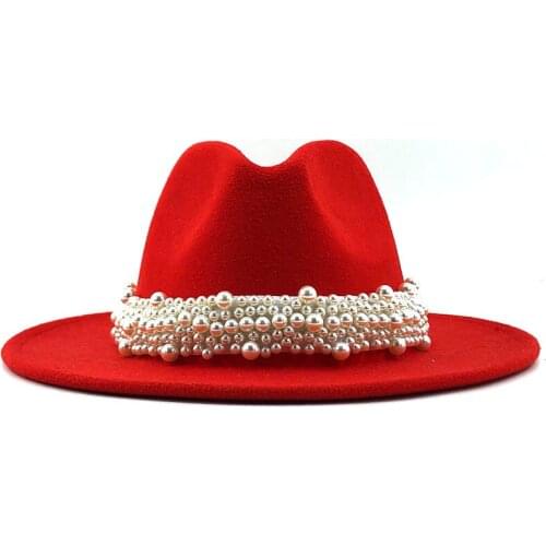 2021 New Women men Wool Felt Jazz Fedora Hats Casual Men Women Pearl ribbon Brim Felt Hat Panama Trilby Formal Party Cap