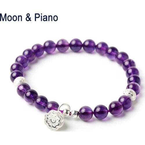 Natural Purple Amethyst 925 Sterling Silver Lotus Pendant Round Charm Bracelets Vintage Jewelry for Woman Wedding Gift