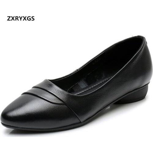 2021 Spring New Pointed Toe Top Cowhide Women Leather Shoes Solid Color Soft Sole Professional Shoes Womans Flats Large Size