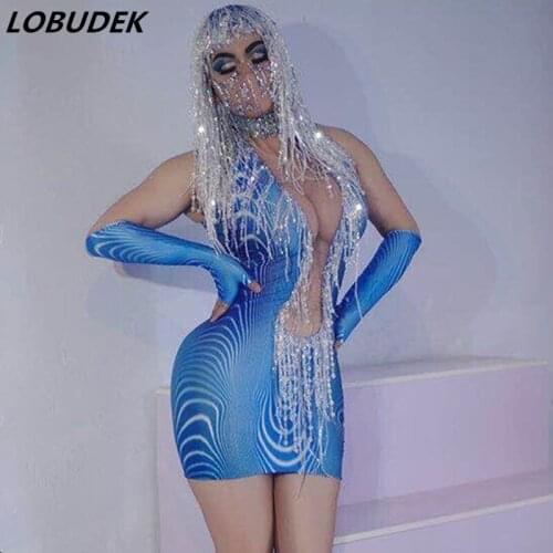 Women Transparent V-neck Blue Wave Pattern Skinny Mini Dress Sequins Wrap Hip Short Style Stage Wear Singer Dancer Stage Costume