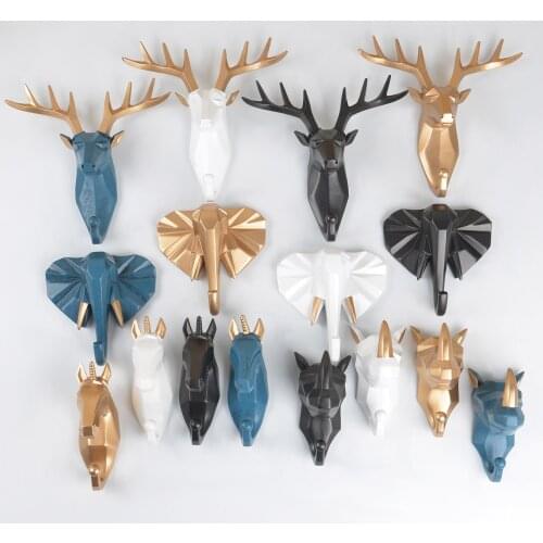 1pc Deer Elephant Unicorn Rhinoceros Head Self Adhesive Wall Door Hook Resin Hook Hanger BagKeys Geometric Cutting Sticky Holder